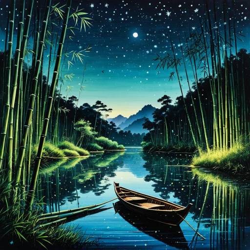 Tranquil Bamboo Forest with Wooden Boat at Twilight Tranquil Bamboo Forest with Wooden Boat at Twilight