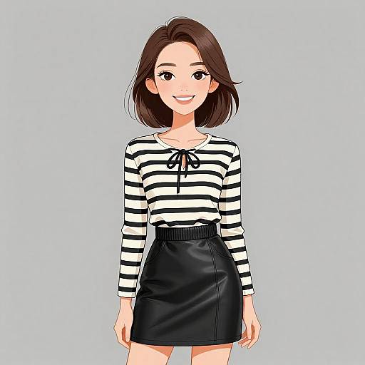Digital anime-style drawing of a smiling young woman with medium-length brown hair, wearing a black-and-white striped long-sleeve top and black leather skirt
