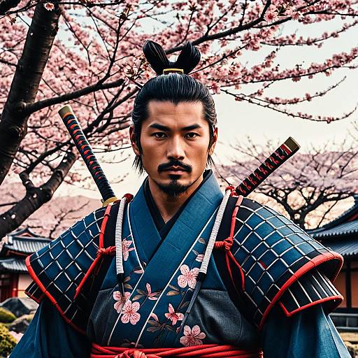 Ancient Samurai in Cherry Blossom Garden