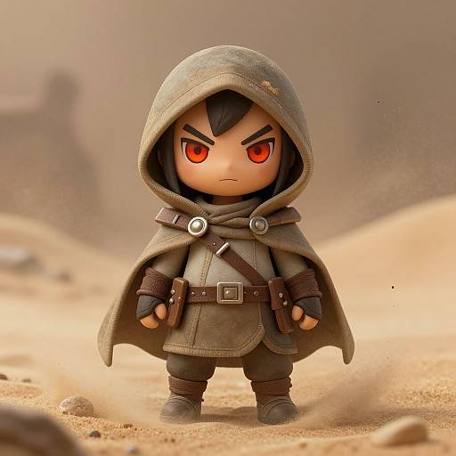 Chibi-style figurine of a determined character with red eyes, wearing a dusty gray hooded cloak, standing in a sandy desert.