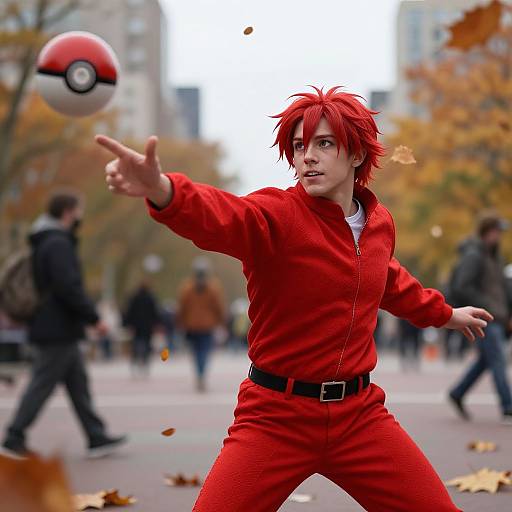 Photorealistic CGI of a red-haired man in a red tracksuit, mid-action, throwing a Poké Ball in a busy autumn park.