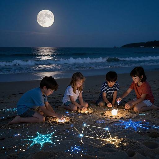 Photograph: Four children sitting on a moonlit beach, creating glowing star constellations with sparklers, surrounded by dark sand and gentle waves.