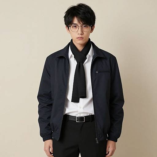 Photograph of an Asian man with black hair, glasses, wearing a black jacket, white shirt, black scarf, and black pants, standing against a