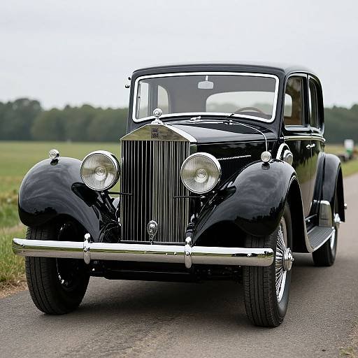 Photograph of a shiny black vintage classic car with a chrome grille and round headlights, parked on a rural road.