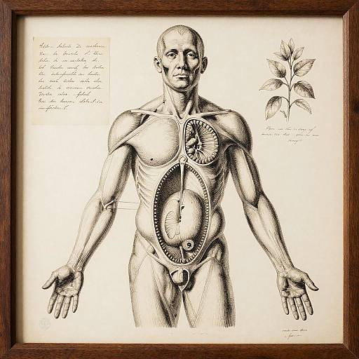 Black-and-white anatomical drawing of a bald, muscular male figure with internal clockwork mechanisms, framed, featuring handwritten notes and botanical illustration.