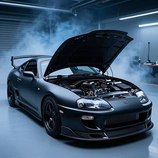 Photograph of a black, matte-finish sports car with its hood open, emitting blue smoke, in a dimly lit garage.