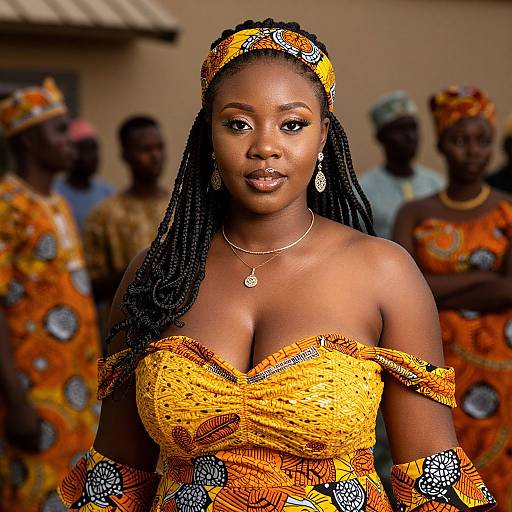 Photograph of a confident Black woman with long braids, wearing an orange off-shoulder dress with black and white patterns, matching headband,