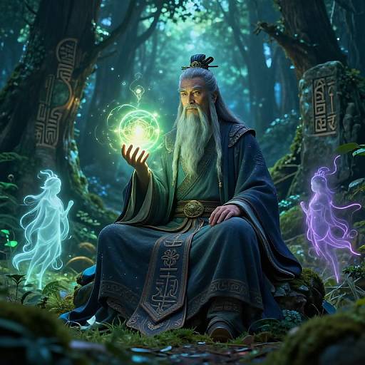 Magical elderly wizard with long white beard and topknot, wearing blue robes, holds glowing green orb in enchanted forest. Ghostly blue and purple