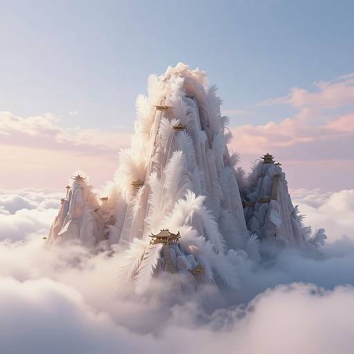 Digital artwork of a towering, icy mountain peak with cloud-covered bases and small, traditional Japanese-style shrines on each summit, bathed in soft sunlight