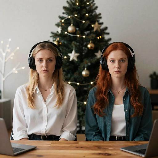 Two Women with Headphones by Christmas Tree