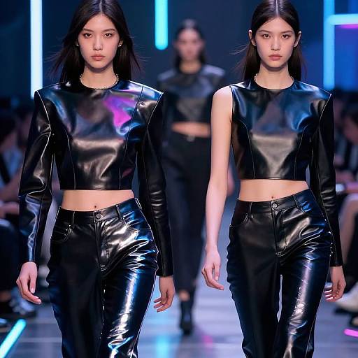 Photograph of two East Asian female models on a runway, wearing black, shiny, leather crop tops and matching high-waisted pants, in a