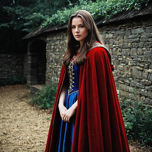 Woman in Medieval Red Cape and Blue Dress