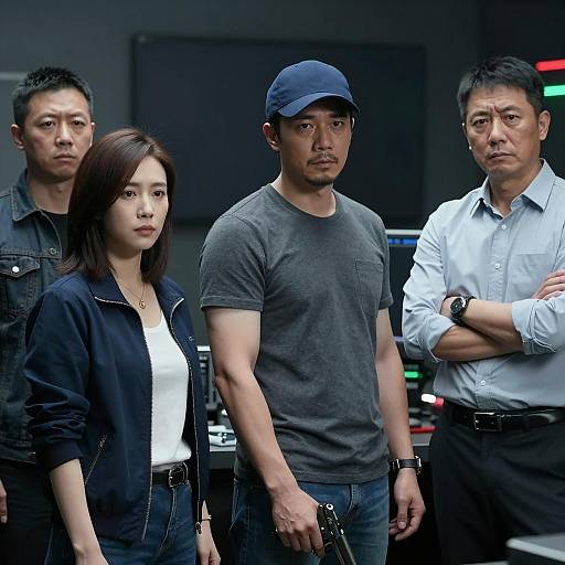 Serious group in dimly lit room with gun