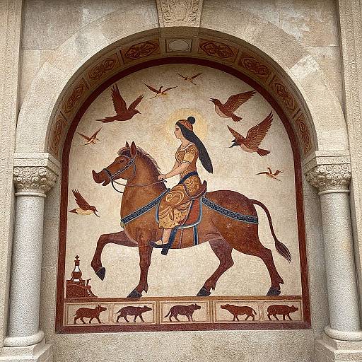 Ancient mosaic of a woman in regal attire riding a brown horse, surrounded by birds, with silhouetted animals below, set in an