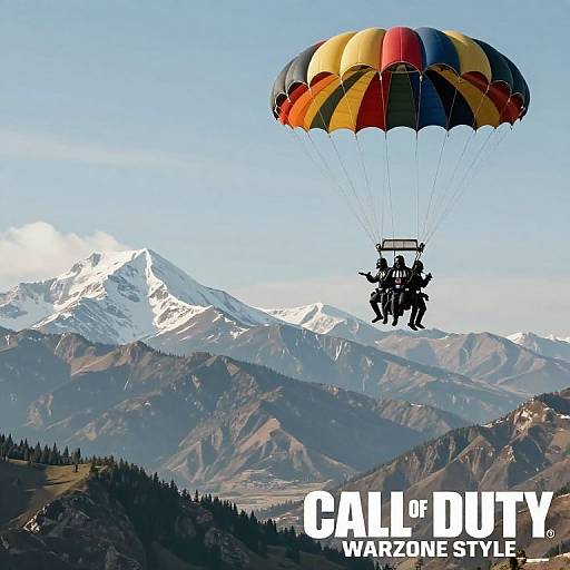 Photograph of a colorful parachute with two silhouetted riders over snowy mountains, text 