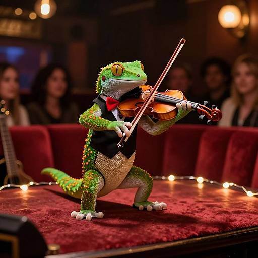 Photorealistic CGI of a green, scaly lizard dressed in a black vest and red bowtie, playing a violin on a red carpet stage with