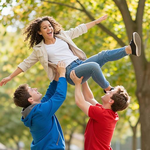 Photograph of two smiling young men, one in blue hoodie and jeans, one in red shirt, lifting a laughing woman with curly hair in white top