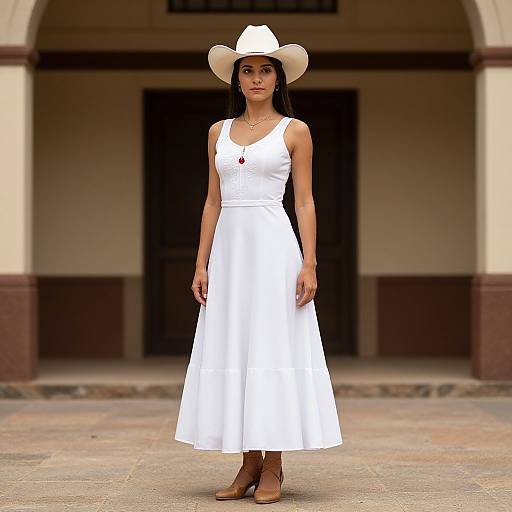 Photograph of a young woman with long black hair, wearing a white cowboy hat, white sleeveless dress, and brown boots, standing in front of