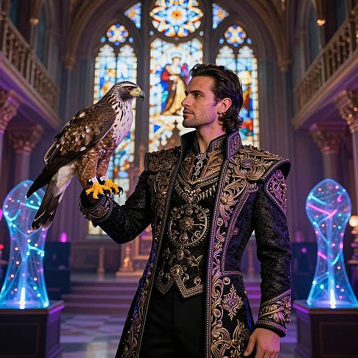 Opulent Man with Hawk in Neon Hall