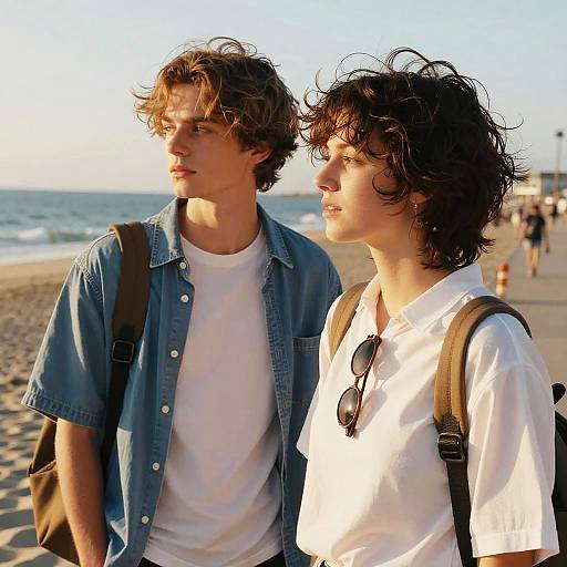 Young Couple with Messy Shag Hairstyles at Beach Boardwalk