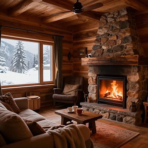 Cozy log cabin living room with roaring fireplace, wooden ceiling, stone chimney, large window showing snowy mountains, and plush furniture.