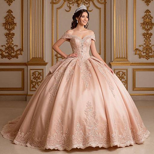 Photograph of a smiling woman in an off-shoulder, lace-embellished, peach satin ball gown with a voluminous skirt, standing