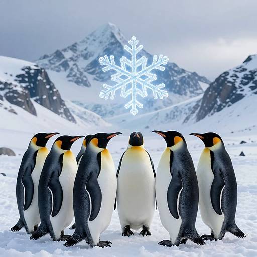 Photograph of six King penguins standing in snowy landscape with a large, glowing white snowflake above them, and snow-covered mountains in the background.