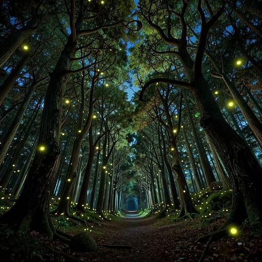 Photograph of a mystical forest at dusk, with glowing yellow fireflies illuminating tall trees and a dark, winding path leading deeper into the woods.