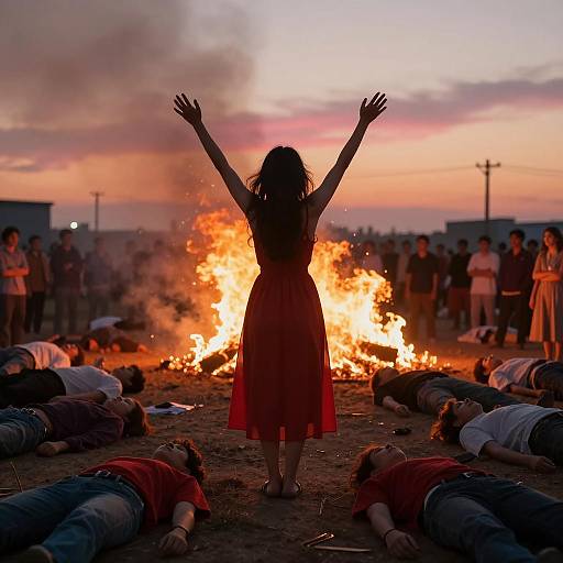 Woman in Red Dress with Raised Arms by Campfire at Sunset