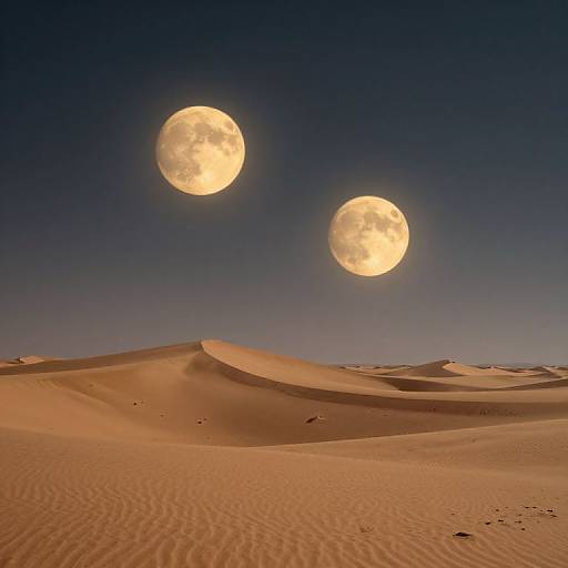 Photograph of a desert with golden sand dunes under a clear, dark blue sky, featuring two large, glowing full moons.
