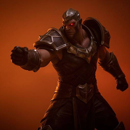 Photograph of muscular, armored warrior with glowing red eyes, clenched fist, black armor, and intense red-orange background, exuding power and menace