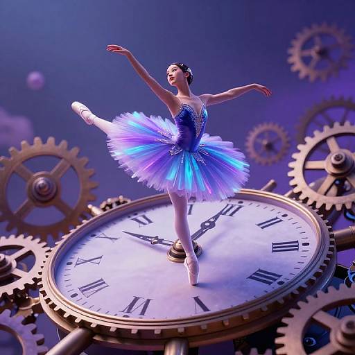Digital artwork of a ballerina in a blue, glowing tutu, dancing on a large clock face with brass gears in a purple-blue background.
