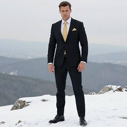 Photograph of a handsome, young Caucasian man with short brown hair, wearing a black suit, white shirt, yellow tie, and black shoes, standing