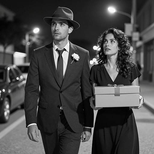 Romantic Night Stroll in Monochrome
