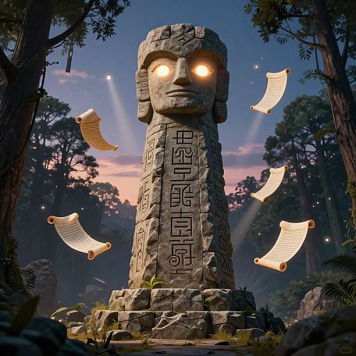 CGI image of a glowing, ancient stone statue with intricate patterns, surrounded by floating parchment scrolls in a mystical forest.