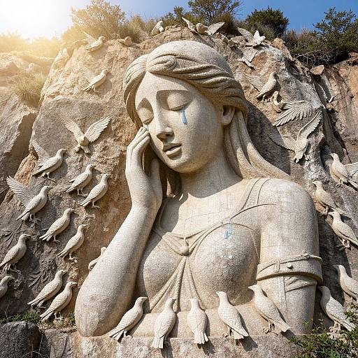 Photograph of a sunlit stone statue of a serene woman with closed eyes, surrounded by numerous perched birds on a rocky hill.