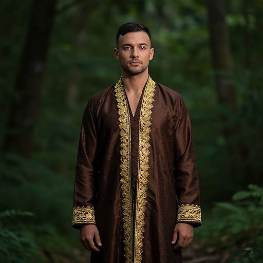 Photograph of a handsome South Asian man with short black hair, trimmed beard, wearing a dark brown, gold-embroidered traditional long coat,