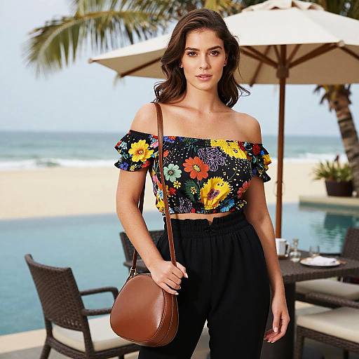 Photograph of a brunette woman with medium-length hair, wearing a colorful off-shoulder floral top and black pants, holding a brown leather purse,