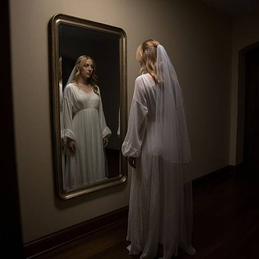 Photograph of a woman in white, long-sleeved wedding dress with veil, standing in dimly lit room, gazing at her reflection in