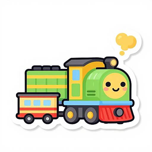 Cute, cartoon-style digital drawing of a green and yellow train with a smiling face, red base, and yellow smoke, accompanied by a red and