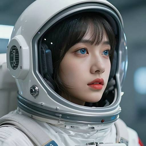 Photorealistic CGI of an Asian woman with fair skin, blue eyes, and black hair, wearing a white space helmet and suit, gazing thought