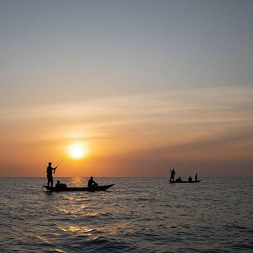 Photograph of a serene sunset over the ocean, featuring two silhouetted fishermen in small boats, casting lines into the water.