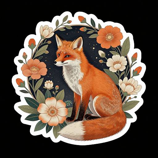 Digital illustration of a vibrant orange fox with white underbelly, sitting amidst large orange and white flowers against a dark, starry background.