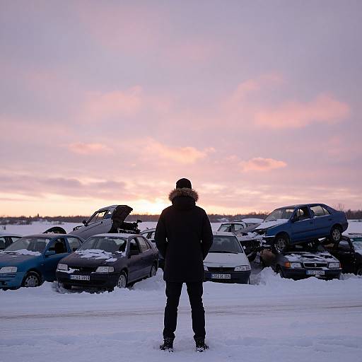 Man Observing Broken Cars at Sunset