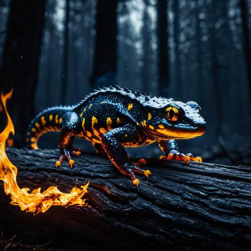 Fantasy Fire Salamander on Burning Log
