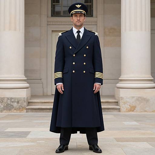 Photograph of a serious white man in a navy naval uniform with gold stripes, black hat, white shirt, and black shoes, standing in front of