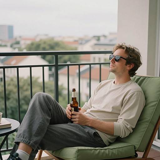 Relaxing Man on Balcony with Beer