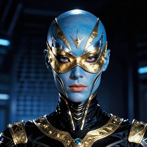 Photograph of a blue-skinned superhero with gold mask, black outfit, and metallic shoulder armor, featuring intense gaze and orange lips.