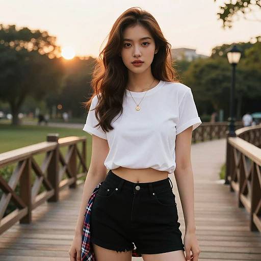Asian woman with long brown hair, white crop top, black shorts, plaid shirt draped, standing on wooden bridge at sunset.