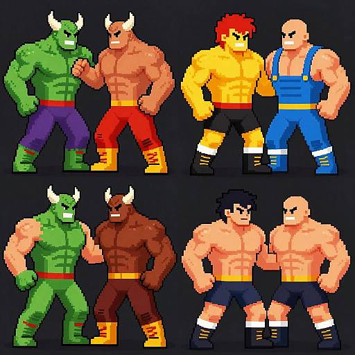 Pixelated Muscular Cartoon Fighters Collage
